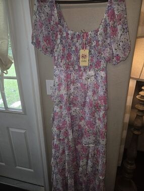 Entro -  White and Pink Floral Tiered Smocked Dress